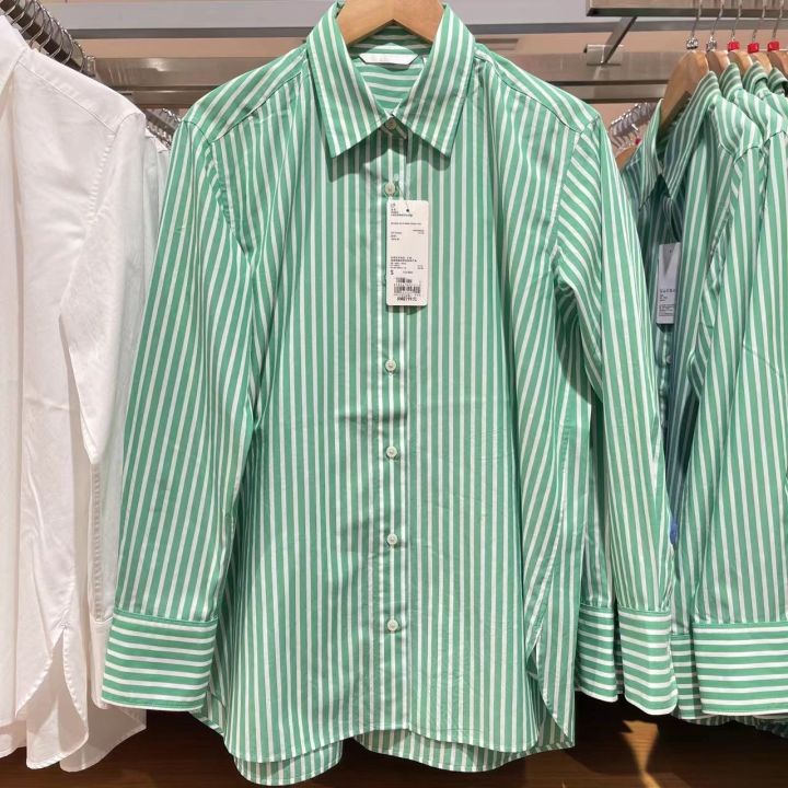 เสื้อเชิ้ตลำลองแขนยาวของผู้หญิงเสื้อเชิ้ตมีลายผ้าฝ้ายสีเขียวฤดูใบไม้ผลิ2023ห้องลองเสื้อตัว-u-แบบญี่ปุ่นใหม่458261