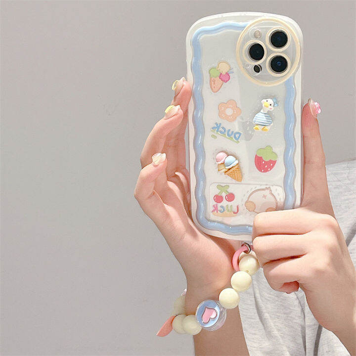 กรณีโทรศัพท์มือถือเป็ดฤดูร้อนสเตอริโอสำหรับ-iphone12-กรณีการ์ตูนน่ารักสำหรับ-iphone11promax-เคสครีมเวฟสำหรับ-iphone13-สร้อยข้อมือดอกไม้สีเบจสำหรับ-iphone14promax