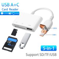 การ์ดรีดเดอร์ SD USB-C,5ใน1 USB อะแดปเตอร์ OTG รองรับ SD/บัตร TF ด้วยชาร์จพอร์ตอ่านการ์ดความจำสำหรับกล้อง