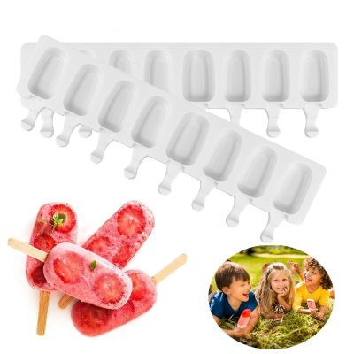 ▤✘ﺴ 8/4/3 Hole Silicone Ice Cream Ice Cream Mold Silicone Ice Pop Mold Popsicle MoldsWooden Sticks Classic OvalNon Stick