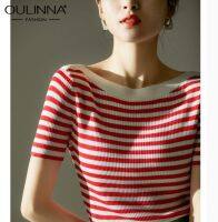 OULINNA เสื้อยืดแขนสั้นผ้าไหมหม่อน,แถบสีสำหรับฤดูร้อนปี2022