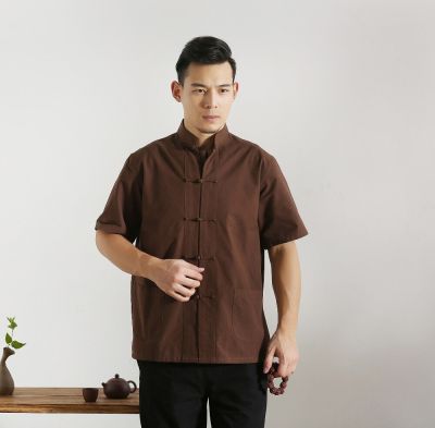 เสื้อชุดจีนแขนสั้นสำหรับผู้ชาย,เสื้อยูนิฟอร์มกังฟูไทเก็กเสื้อเชิ้ตเสื้อผ้าจีนโบราณ YZT080501 100%