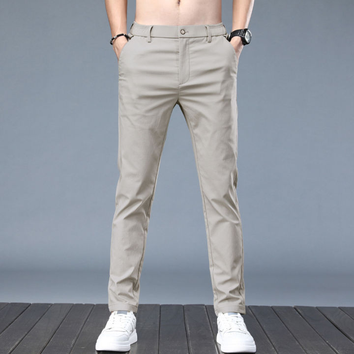 กางเกงขาตรง-celana-setelan-ทรงเข้ารูปสำหรับผู้ชายฤดูร้อนกางเกงลำลองวัยรุ่นแฟชั่นกางเกงสมัยนิยมใส่ทำงานของผู้ชาย