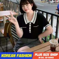 Plus size เสื้อผ้าสาวอวบ❤ เสื้อยืดสาวอวบอ้วน ไซส์ใหญ่ ผู้หญิง เสื้อยืดโปโล ไหมพรม ทรงหลวม แขนสั้น คอปก ผ้าไหมน้ำแข็ง สีดำ ฤดูร้อน สไตล์เกา V728