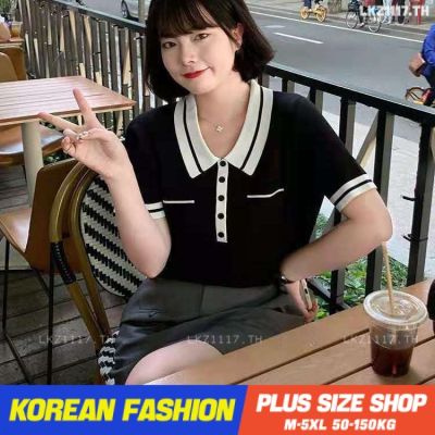 Plus size เสื้อผ้าสาวอวบ❤ เสื้อยืดสาวอวบอ้วน ไซส์ใหญ่ ผู้หญิง เสื้อยืดโปโล ไหมพรม ทรงหลวม แขนสั้น คอปก ผ้าไหมน้ำแข็ง สีดำ ฤดูร้อน สไตล์เกา V728