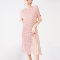 2023 Hot PY pleated dress womens short-sleeved fashionable summer niche stitching design high-waist slim mid-length a-line skirt