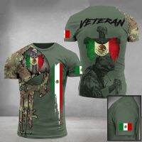 Vintage Flag of Mexico Print 3D Mens T-shirt Summer Camouflage Veterans Street Wear or Collar Short Sleeve Loose Mens Wear