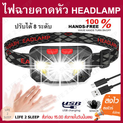 ไฟฉายคาดหัว LED 5000LM ไฟฉายคาดศีรษะแรงสูง ไฟสว่าง 8 แบบ ไฟฉายเดินป่า ชาร์จได้ ไฟคาดหัว ไฟส่องสัตว์ ไฟส่องกบ กันน้ำ Headlamp Rechargeable Headlight Motion Sensor