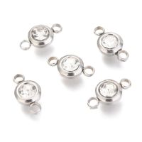 5pc 304 Stainless Steel Rhinestone Links Connectors Flat Round Stainless Steel Color Crystal 12x6.5x4mm Hole: 2mm