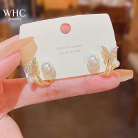 WHC Jewelry ต่างหูมุกผีเสื้อเพทายเงาออกแบบหรูหราต่างหูชุบทองสำหรับผู้หญิง