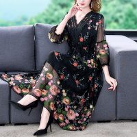 【YF】 ZUOMAN New 2022 Womens Summer Runway Embroidered Long Dress Ladies V-neck Lantern Sleeve Mesh Vintage Party