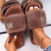 Faux Fur Slippers 2021 Womens Rhinestone M Letter Custom Fur Slides Luxury Warm House Fur Flats Sandals Flip-Flops