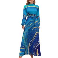 Liquid Marble Dress High Neck Blue and Gold Graphic Bohemia Dresses Long Sleeve Streetwear Maxi Sexy Vestidos