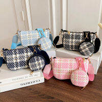 【CW】Female Vintage Plaid Printing Shoulder Bags With Mini Round Purse Pendant Women Bags Casual Small Crossbody Bags 2Pcs Composite