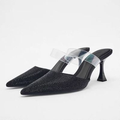 za womens shoes 2023 new fashion black transparent rhinestone high heel pointed toe thin heel sexy ol mules