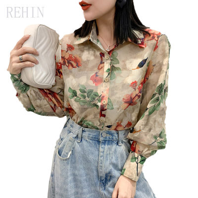 REHIN เสื้อเชิ้ตแขนยาวสำหรับผู้หญิง,เสื้อเบลาส์แฟชั่นพิมพ์ลายดอกไม้ทรงตรงสำหรับเสื้อผ้าในฤดูหนาว