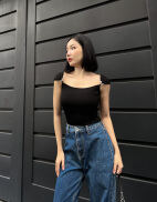 COCO SIN - Bodysuit Thun Đen Trẹt Vai Phối Khoen