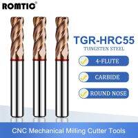 ROMTIC TGR-HRC55 ทังสเตนเหล็กคาร์ไบด์สําหรับเครื่องตัดมิลลิ่งเหล็ก 4F Color-Ring Coating CNC Mechanical Round Nose Endmills Tools