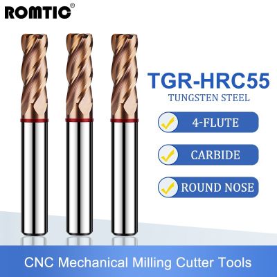 ROMTIC TGR-HRC55 ทังสเตนเหล็กคาร์ไบด์สําหรับเครื่องตัดมิลลิ่งเหล็ก 4F Color-Ring Coating CNC Mechanical Round Nose Endmills Tools