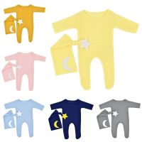 2 Pcs New Newborn Infant Baby Girls Boys Solid Colors Knitted Photography Prop Clothing Footed Romper Button Overalls Hat  by Hs2023