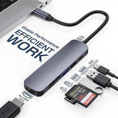 อะแดปเตอร์ฮับ ฮับ 6 in 1 USB C HUB Type C เป็น USB 3.0+60W PD+USB 2.0+HDMI 4K+การ์ดรีดเดอร์ SD/TF