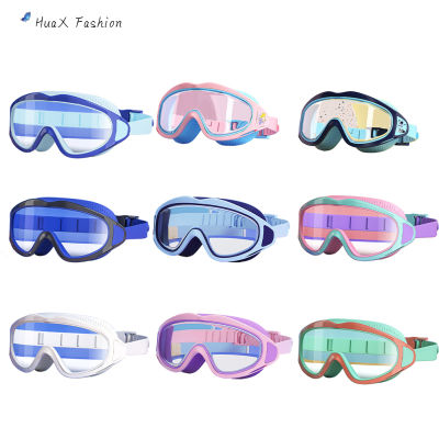 HuaX แว่นตาเด็กแบบแฟชั่นสำหรับดำน้ำ,แว่นตาว่ายน้ำสายตากว้างสามารถปรับสายได้สำหรับกีฬากลางแจ้ง