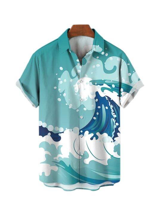 เสื้อเชิ้ตฮาวายสำหรับผู้ชายโอเวอร์ไซส์ฤดูร้อนเสื้อชายหาดฮาราจูกุลายคลื่นอนิเมะสไตล์แฟชั่นสำหรับผู้ชาย