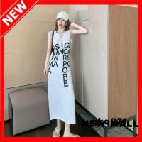 NEW MALL New Sleeveless Letter Slit Long French Dress WomenS Loose Lazy Wind Over The Knee Long Dress Trend