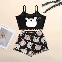 ☌▬ Summer Silk Satin Pyjama Pajamas for Women Sexy Sleepwear Sling Top Shorts Pajama Set Cartoon Pattern Printing 2-Piece Homewear