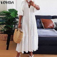 VONDA แฟชั่นสำหรับผู้หญิง V คอ Ruffled Hem ปุ่มพัฟแขนสีทึบ Maxi Dresses (เพิ่มขนาด)