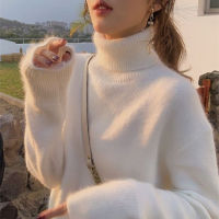 2022 NEW Winter 100 Mink Cashmere Turtleneck Sweater Womens Loose Big Size White Fluffy Pullover Angora Soft JNS306