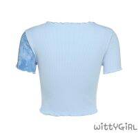 W[]-Women´s Cropped Shirt, Ruffle Top, Elastic Casual Party High Neck Patchwork Summer Clothes