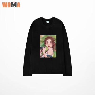 WOMA เสื้อยืดกางเกงเลกกิ้งผู้ชายแขนยาวพิมพ์ลายเรียบง่ายแขนยาว Crewneck เสื้อยืดแบบหลวมฉบับภาษาเกาหลี