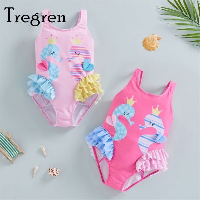 ✼ Tregren Cute Kids Girl One Piece Swimsuit Cartoon Seahorse Print Sleeveless Backless Ruffles Swimwear Summer Beach Bathing Suits