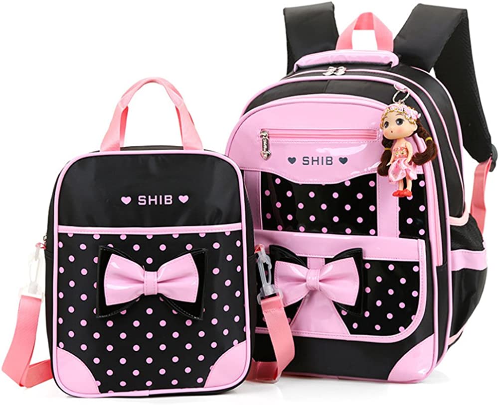 2Pcs Bowknot Wave Point Prints Primary School Bookbag Kids School Backpack Sets for Girls 