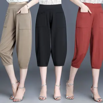 Women Black Cropped Pants 100Kgs Wearable Plus Large Size Elastic