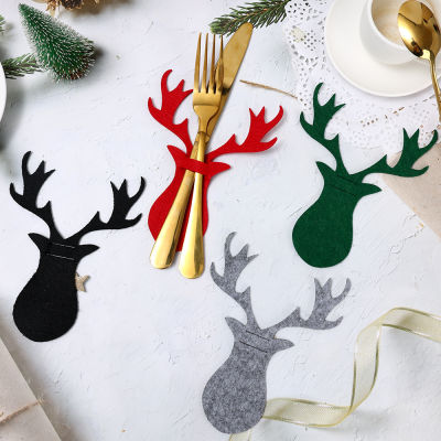 Hot 4Pcs Christmas Cutlery Holder Bags Reindeer Fork Tableware Pocket New Year Xmas Party Dinnerware Table Cover Decoration