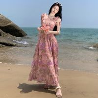 The new French small sweet oil painting department collect waist chiffon flowers floral skirt sen long strap dress