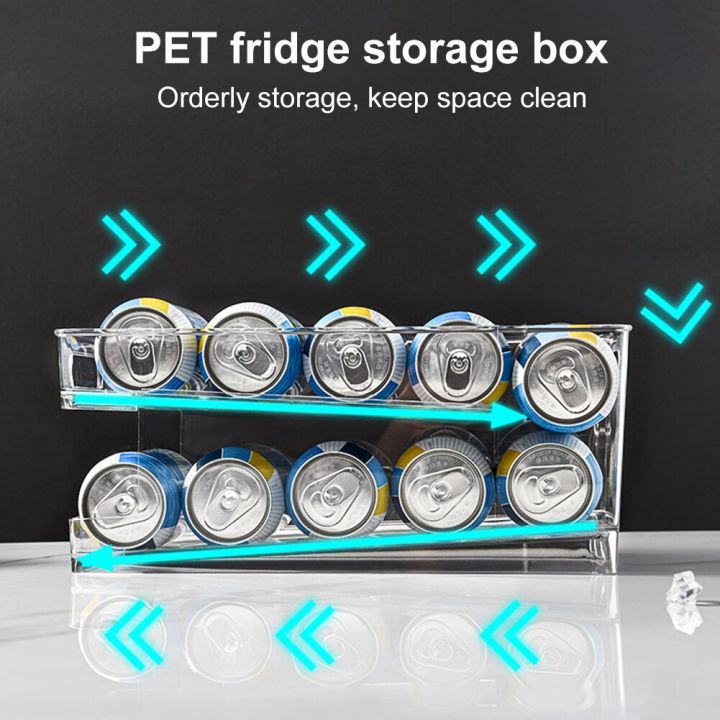 ใหม่2023-ตู้เย็นชั้นกระป๋องเครื่องดื่มกล่องเก็บของอัตโนมัติ-rolling-เบียร์โซดากระป๋องออแกไนเซอร์แร็คโปร่งใส-dispenser-bin