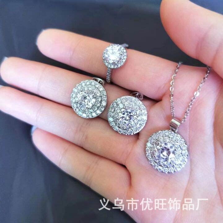 tiktok-kuaishou-กระเป๋าทรงกลมสองชั้น-moissanite-สามชิ้นต่างหูแหวนสร้อยคอชุดเครื่องประดับไมโครแฟลชสุดๆ