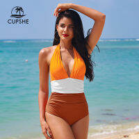 CUPSHE สีส้ม Colorblock Halter ชุดว่ายน้ำผู้หญิงเซ็กซี่ V คอ Backless Monokini ชุดว่ายน้ำ2023ชุดว่ายน้ำ Beachwear