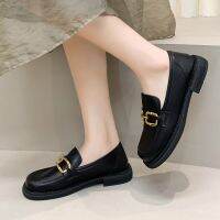 HOT★Plus ขนาดผู้หญิง Loafers โลหะลื่นสำหรับสตรีรองเท้าหนังรองเท้าส้นสูงรองเท้าสีดำ Loafer โซ่รองเท้าผ้าใบ9824N