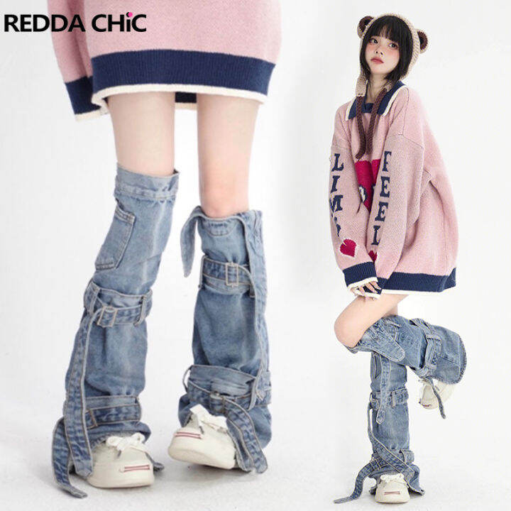 reddachic-acubi-แฟชั่น-y2k-อุ่นขาผู้หญิง-streetwear-ผ้าพันแผล-denim-รองเท้ายาวเข่า-สูงถุงเท้าผู้หญิง-gaiter-ญี่ปุ่น