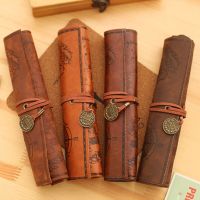 Retro Treasure Map Roll Pencil Case PU Leather Big Capacity Pen Bag Makeup Brush Pouch Pencilcase School Stationery Supplies Pencil Cases Boxes