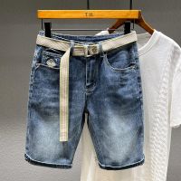 Celana Pendek Denim ยืดขาตรงเข้ารูปสำหรับผู้ชายเสื้อผ้ากางเกงสีทึบคลาสสิกสบายๆฟรีเข็มขัดฤดูร้อนยีนส์ขาสั้นแนวสตรีท