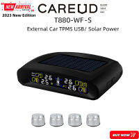 CAREUD T880B-WF-S จอแสดงผล LCD ระบบการตรวจสอบแรงดันยางรถยนต์ Car Car TPMS ไร้สายภายนอกของรถพร้อมเซ็นเซอร์4ตัวยูเอสบีชาร์จไว Car ขั้นสูงพลังงานแสงอาทิตย์รุ่น2023ใหม่