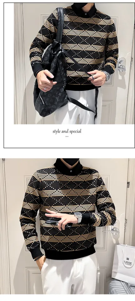 Fake 2 pieces Fashion stripe Jacquard Shirt Collar Knit Sweater