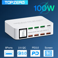 TOPZERO 100W Multi-Port USB Quick Charger 3.0 Type C สมาร์ทจอแสดงผลโทรศัพท์ Fast Charging Socket Adapter สำหรับ iPhone 14 Pro Max โทรศัพท์มือถือแท็บเล็ต