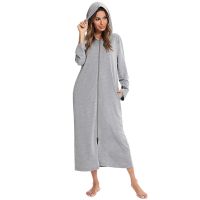 【LZ】✙  Robe de banho feminino solto com capuz roupão fino fino roupão de tecido macio com zíper longo outono