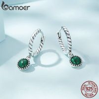 Bamoer ห่วงหู925เงินสเตอร์ลิง Malachite สำหรับผู้หญิงหรูหรา SCE1475หินสีเขียวต่างหูรูปหยดน้ำของขวัญเครื่องประดับอย่างดีเจ้าสาว